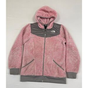 The North Face Girls Pink White Striped Full Zip Hooded Fleece Jacket L (14/16)